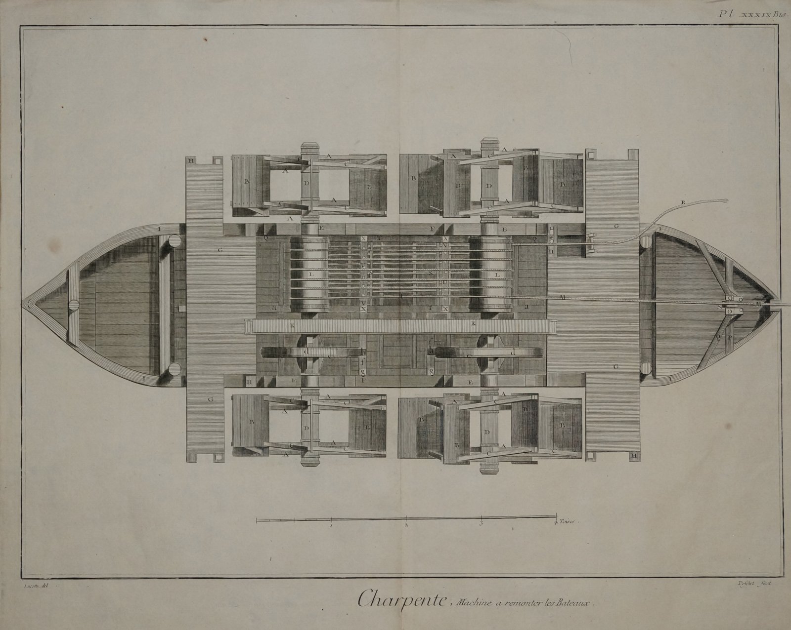Гравюра на меди «Charpente. Machine a remonter les Bateaux» (1783), Франция — леса и конструкция для подъёма судов