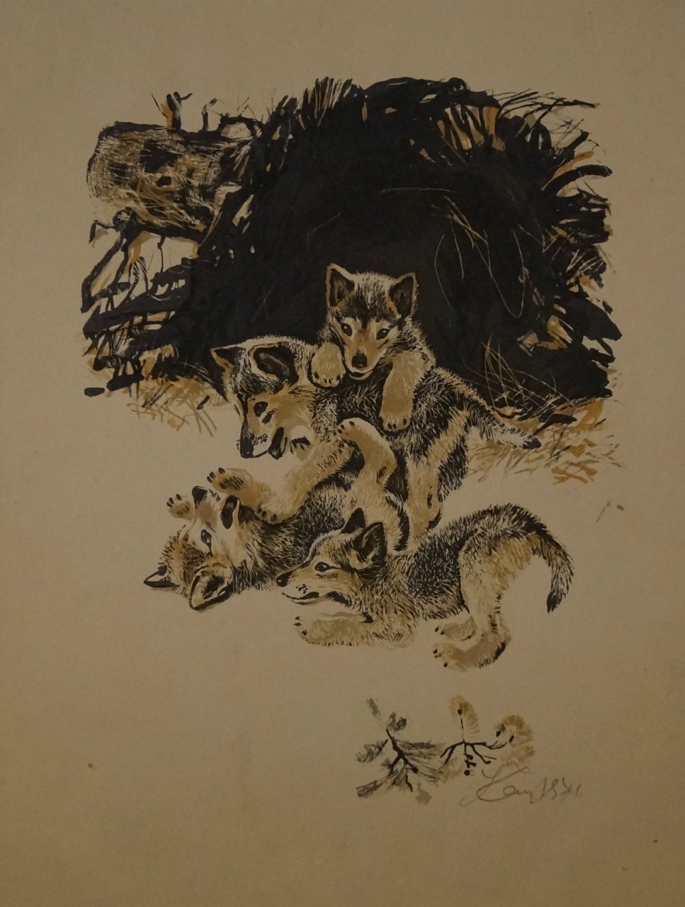 Цветная литография «Играющие волчата» (русский литограф), 1971