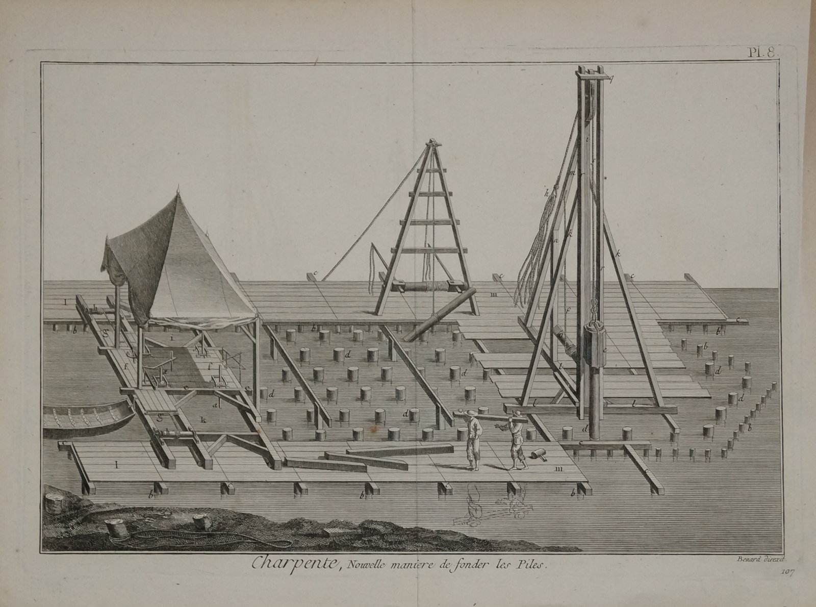 Гравюра «Charpente, Nouvelle maniere de fonder les Piles» (строительные леса и конструкция). Франция, 1783