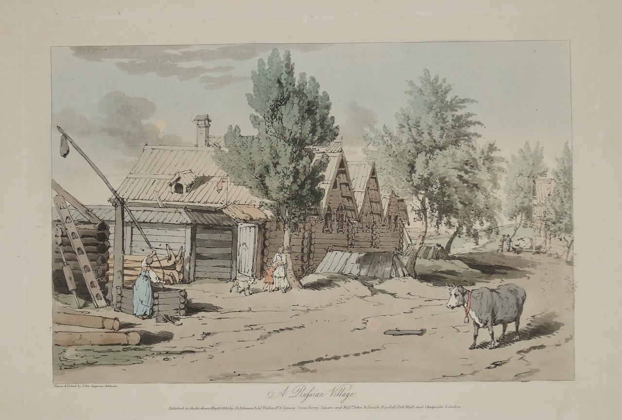 Аткинсон. Русская деревня (акватинта, раскрашенный лист, 1804)