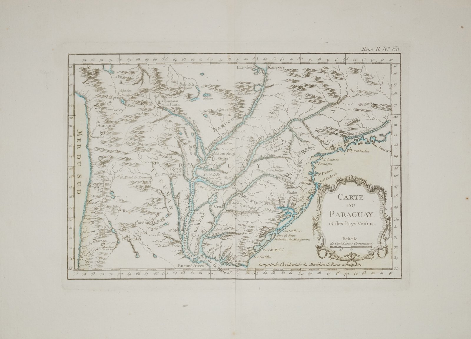 Карта Парагвая и соседних земель (Carte du Paraguay et des Pays Voisins), гравюра на меди Ж.-Н. Беллина, 1764
