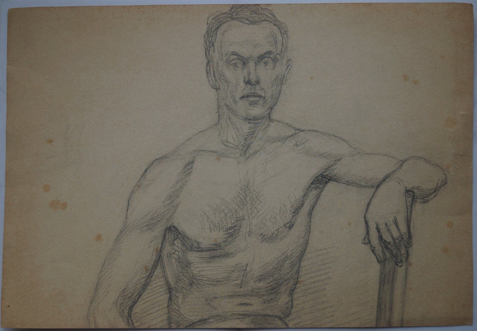 Две оригинальные работы на одном листе (СССР, 1920–1930-е): акварель «Женщина сзади» и карандашный портрет мужчины на стуле