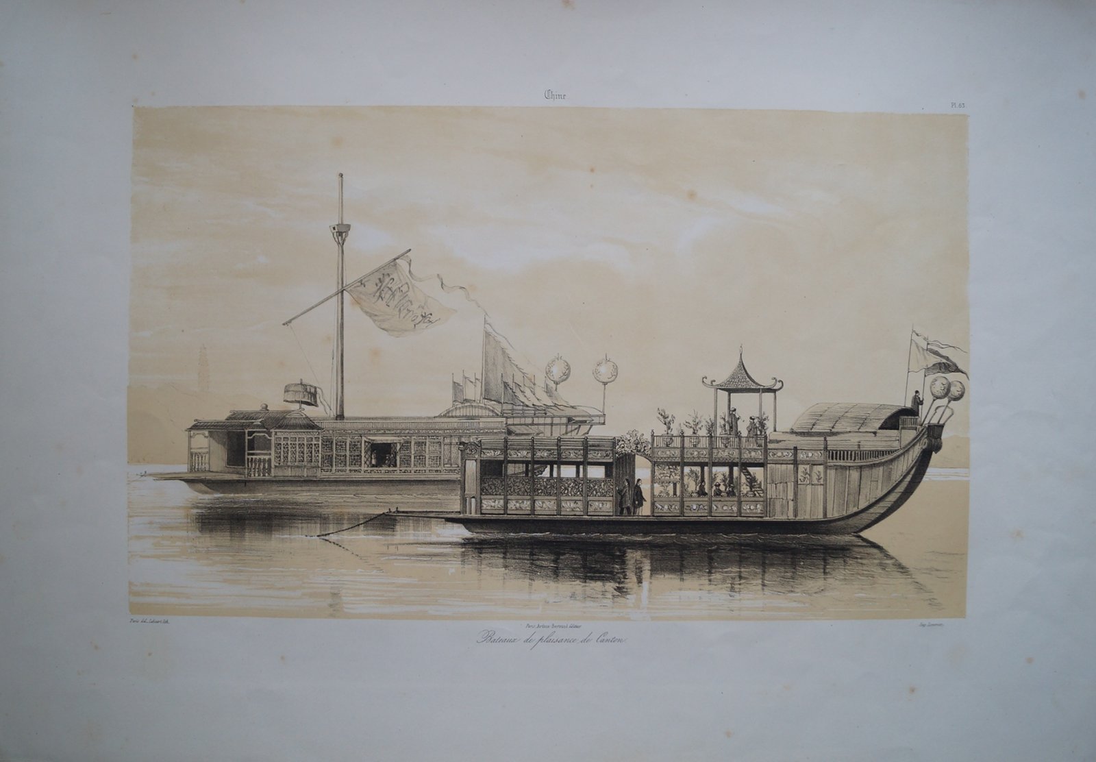 Парусный паром в Гуанчжоу (Bateaux de plaisance de Canton) — литография в бежевых тонах, Pl. 63