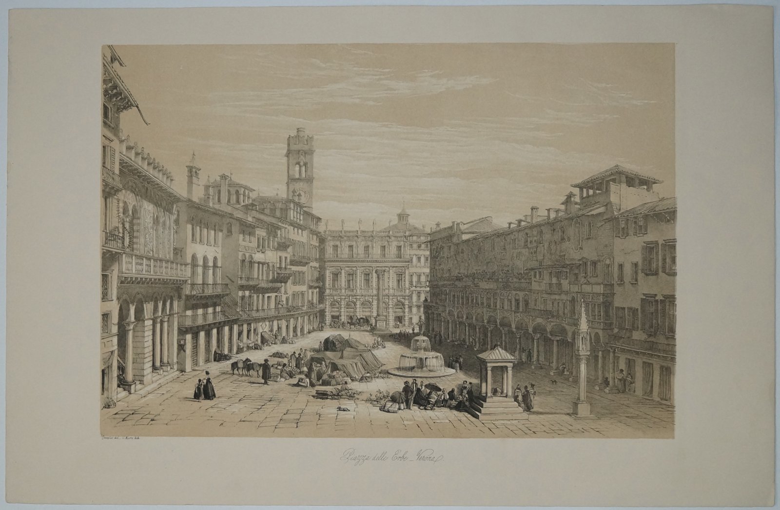 Площадь делле Эрбе в Вероне. Литография в бежевых тонах (Quaglio, G. Moore), 1840-е