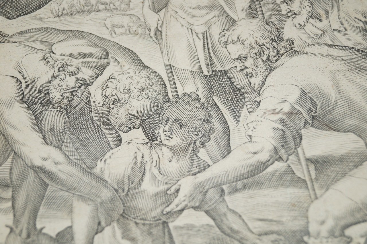 Библейская сцена. Резцовая гравюра на меди (Европа, XVI век)