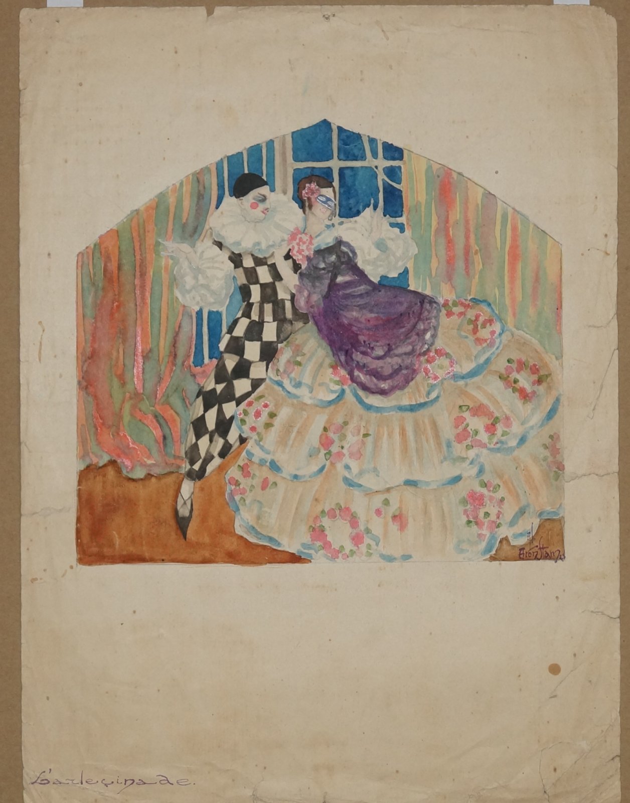 «Пьеро и Коломбина» — акварель с карандашной подкладкой (Россия, 1923), вольная копия по М. Бобышеву
