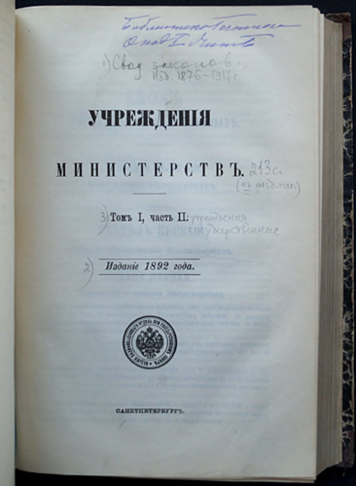 Свод законов Российской Империи. Том I: конволют из 16 уставов (две части) с материалами об органах власти и государственном управлении