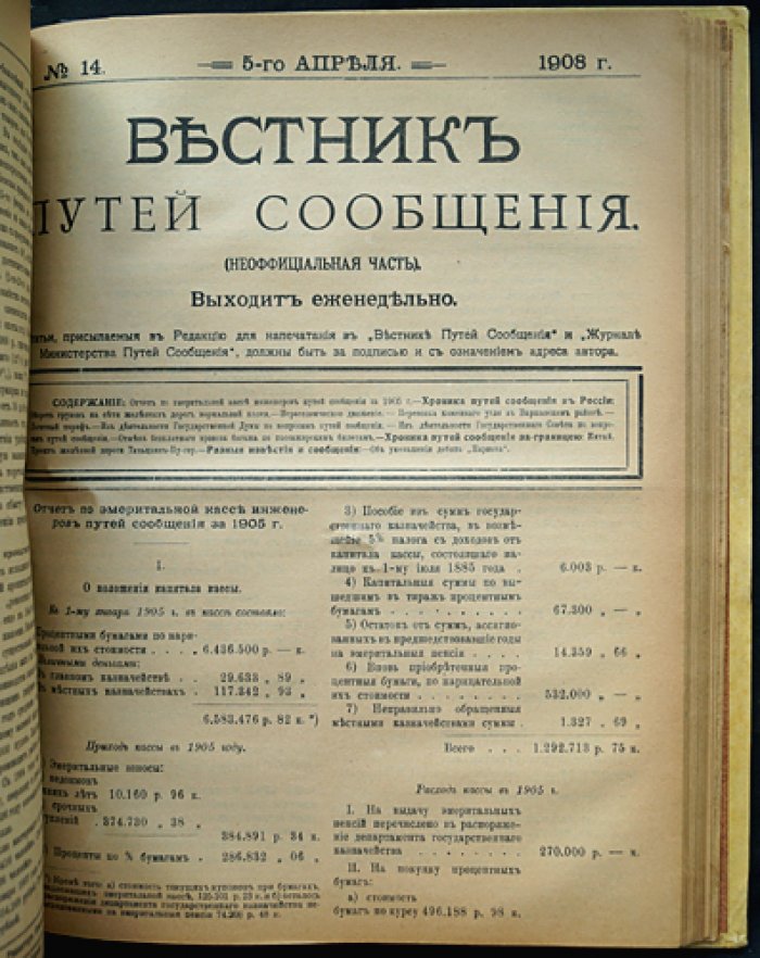Вестник путей сообщения. Неофициальная часть и «Указатель правительственных распоряжений по Министерству путей сообщения» (1908) — два годовых комплекта в одном переплете