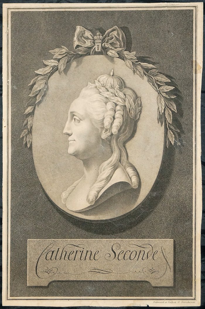 Портрет Екатерины II: гравюра Г. И. Скородумова по оригиналу Ф. де Мейса (1785)
