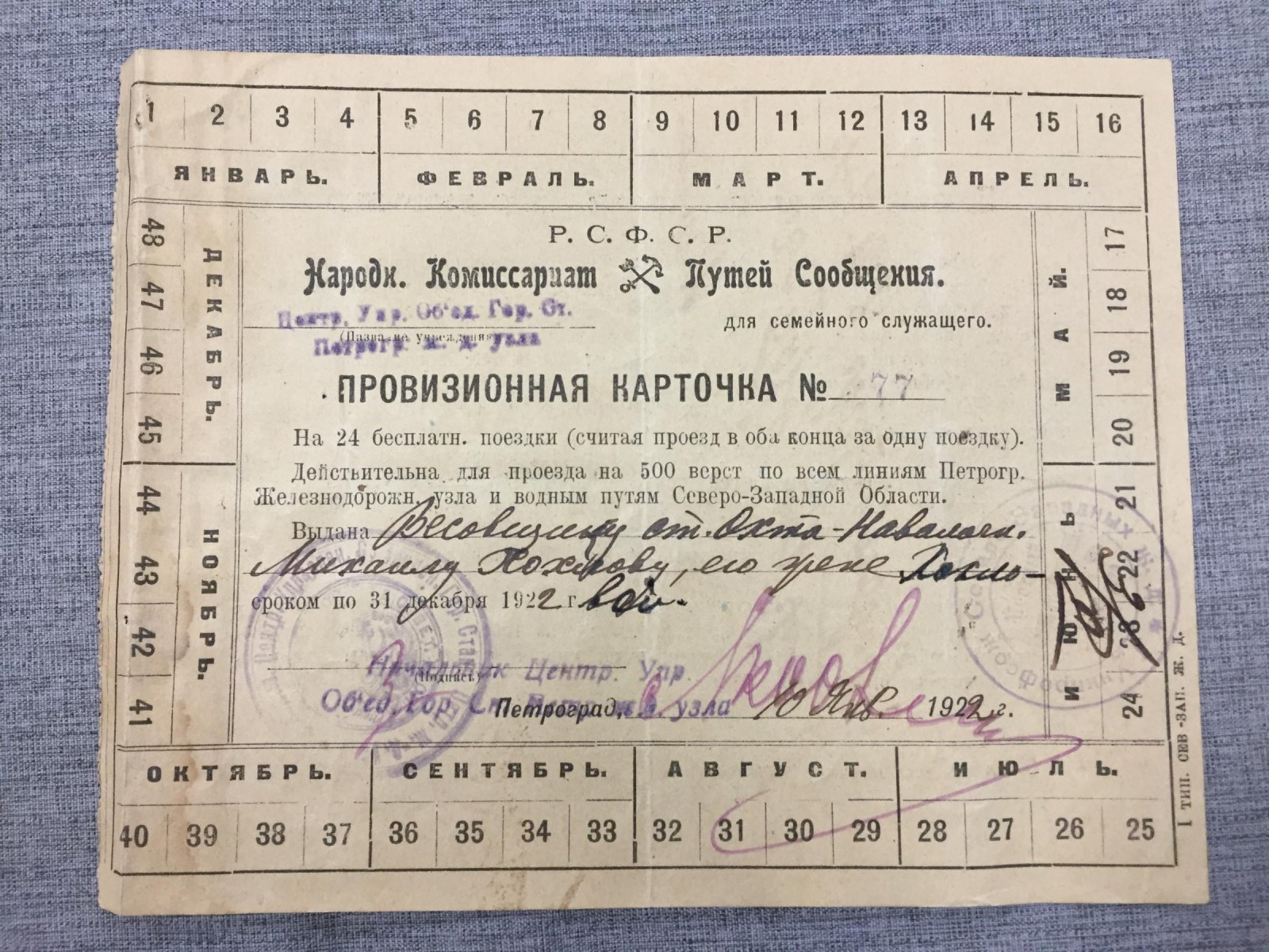 Провизионная карточка для проезда ж.-д. работников Петроградского узла, №77 (1922)