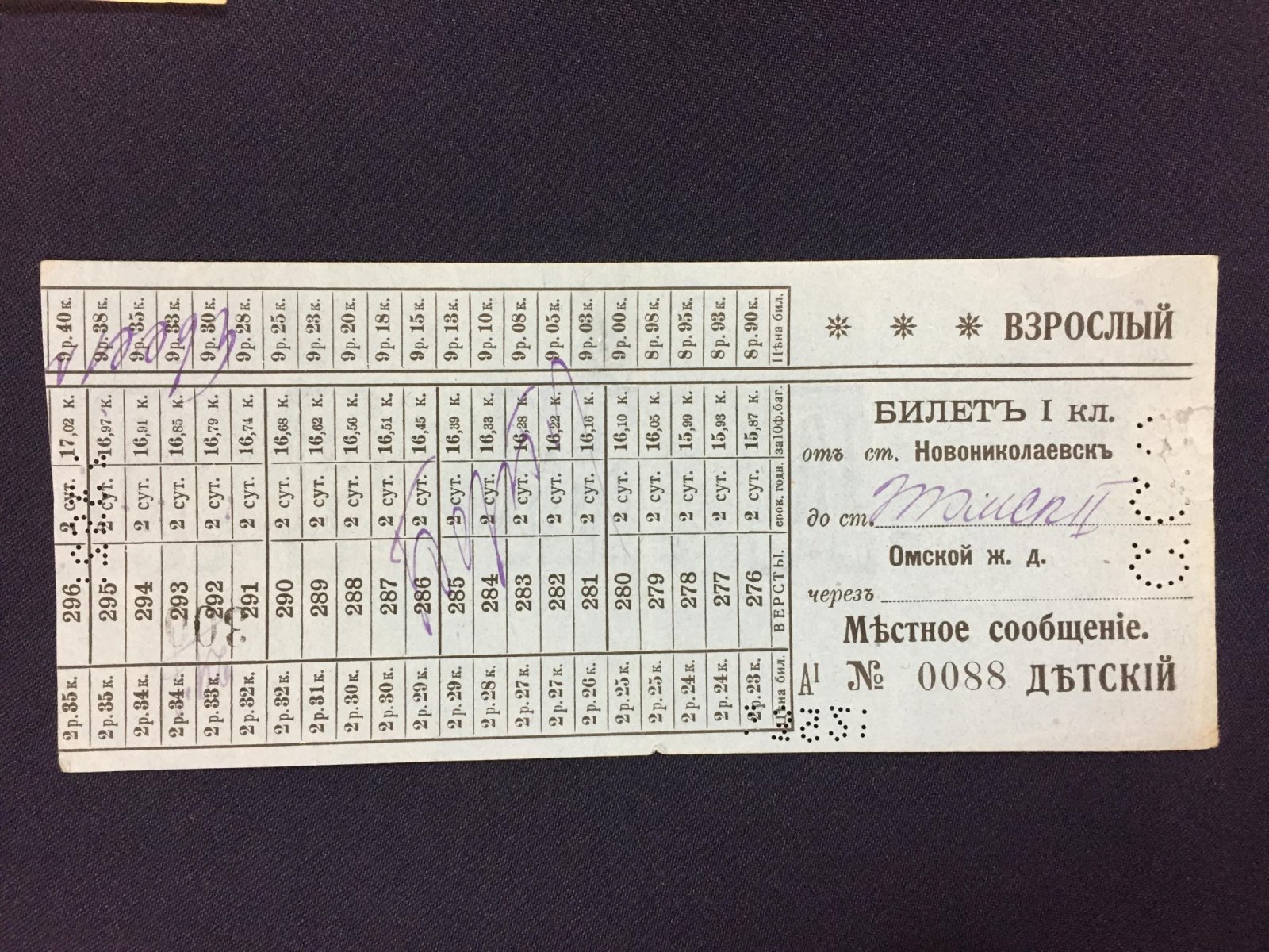 Железнодорожный билет 1-го класса «Новониколаевск — Томск II» (Омская ж.д.), 1910-е