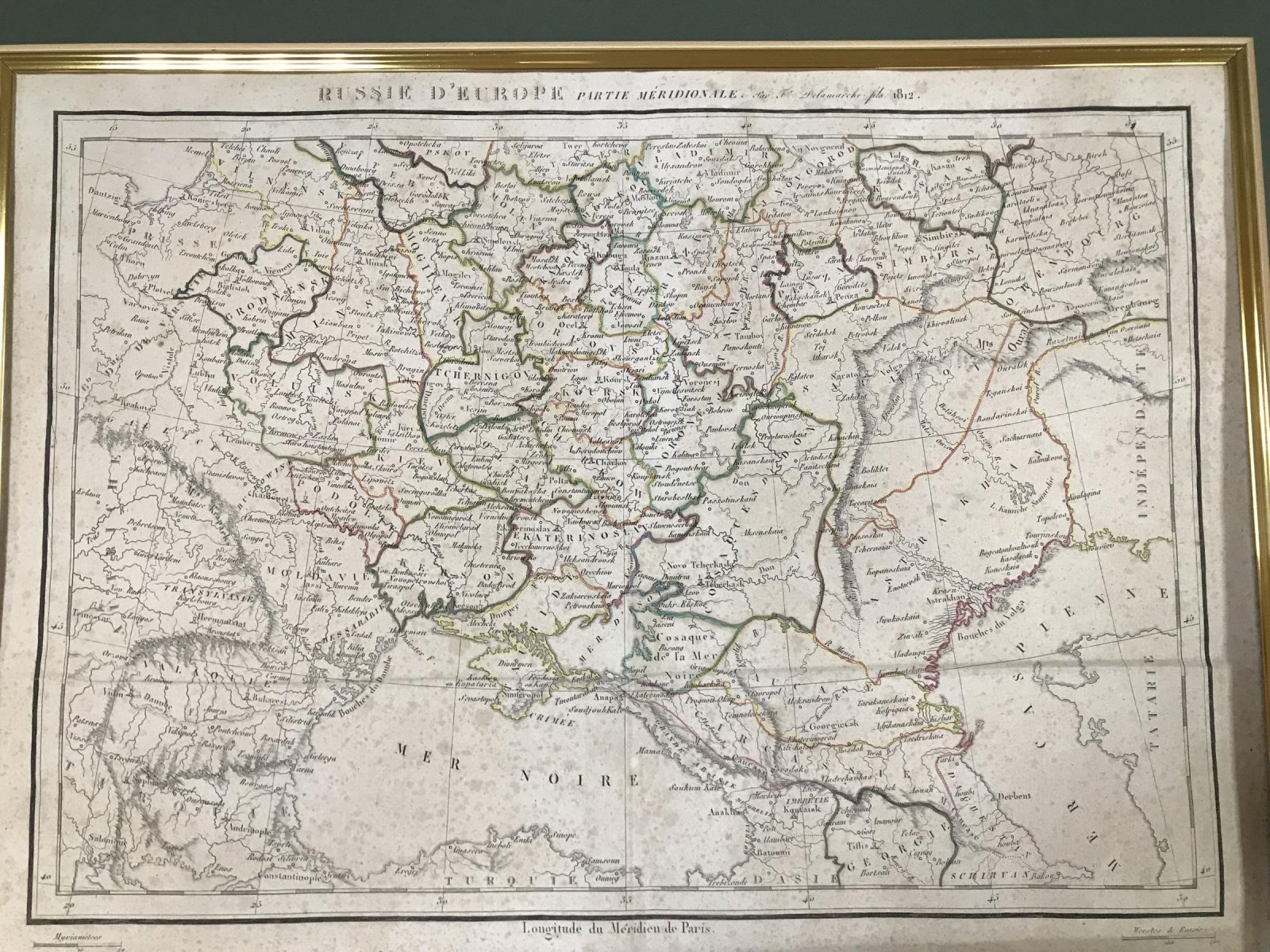 Гравюра-карта «Европейская Россия. Южная часть» (французский язык), 1812, Деламарш, в деревянной раме