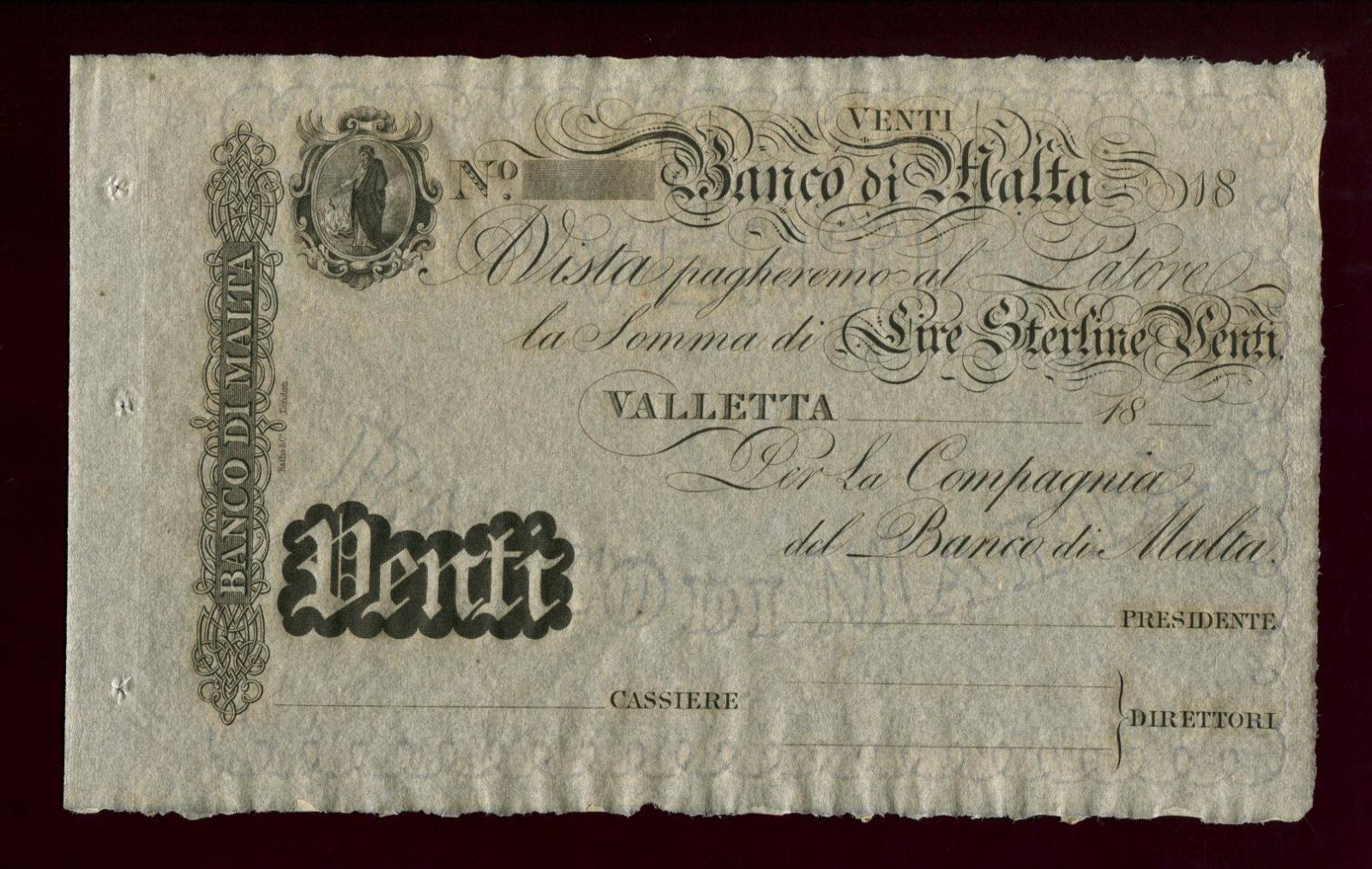 Бона Мальта «20 лир» (бланк), 1800-е гг., 12,5 × 20,8 см