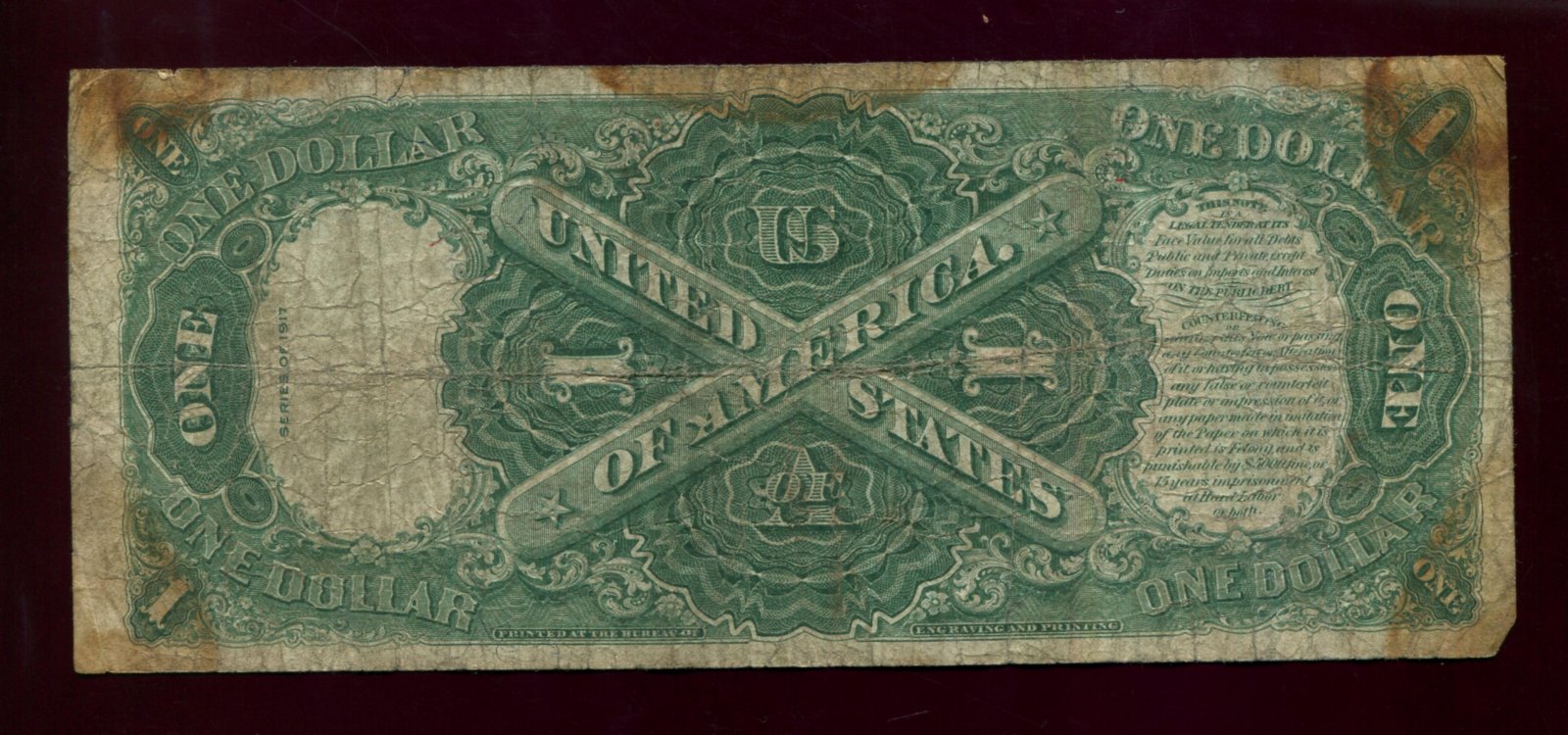 Бона США «1 доллар» (1917 г.) — размер 18,5×7,7 см
