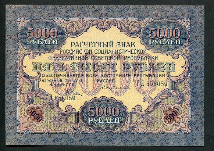 Бона 5000 рублей, РСФСР, 1919 г. — расчетный знак (16,5×11,7 см)