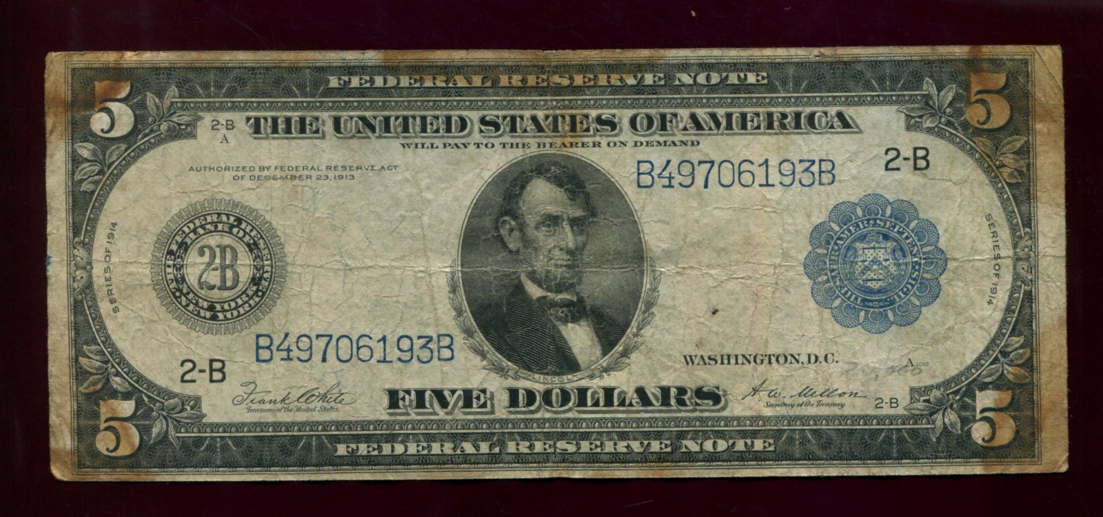 Бона США 5 долларов, 1914 г. (18,6 × 7,9 см)