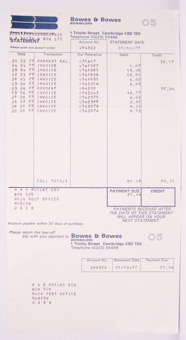 Счёт за английскую литературу, приобретённую Кимом Филби — Bowes & Bowes, 1977